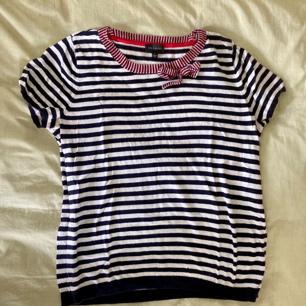 Short sleeve navy & white striped cotton top with bow